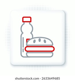 Line Bottle of water and burger icon isolated on white background. Soda aqua drink sign. Hamburger, cheeseburger sandwich. Fast food menu. Colorful outline concept. Vector