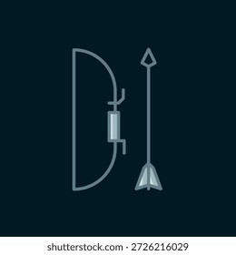 Arco y flecha en el icono del carcaj aislado en el fondo negro. Estilo de contorno relleno plano con sombra. Vector