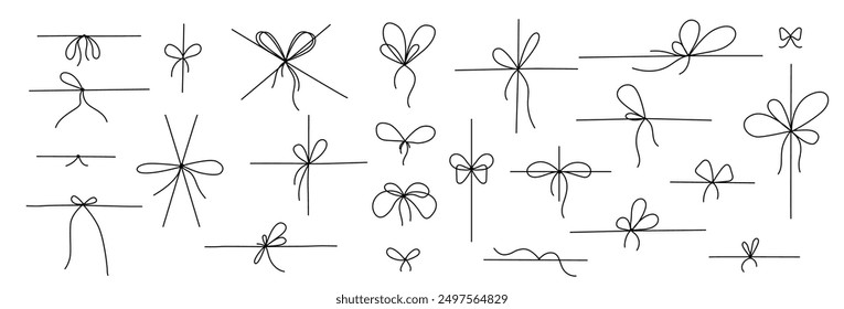 Line bow gift ribbon. Strings for parcel wrap silhouette icons, black line art rope cord with simple knot and bow for birthday, Christmas present package decoration. Vector doodle nodes isolated set.