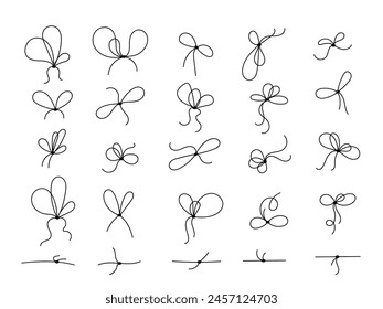 Line bows for gift decoration. Different rope knots in doodle style, simple thin line wedding elements isolated on white background.