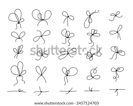Line bows for gift decoration. Different rope knots in doodle style, simple thin line wedding elements isolated on white background.