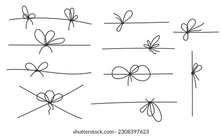 Line bows knots on ribbon for gift decoration. String with rope knots in doodle style, simple thin line wedding elements isolated on white background.