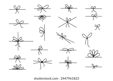 Line bows on ribbon. Bow on string set for box and decoration design. Simple outline bowknot. Vector illustration