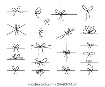 Line bows on ribbon. Bow on string set for box and decoration design. Simple outline bowknot. Vector illustration