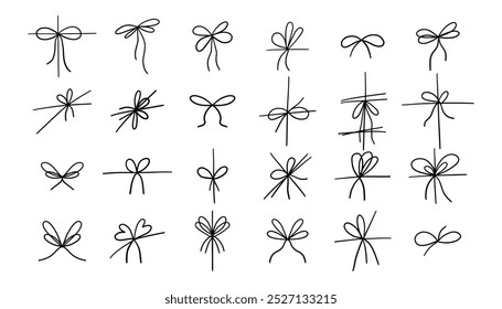 Line bows on ribbon. Bow on string set for box and decoration design. Simple outline bowknot. Vector illustration