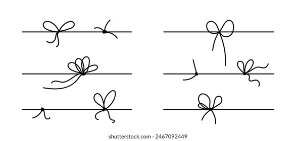 Line bows on ribbon for gift decoration. String with rope knots in doodle style, simple thin line wedding elements isolated on white background.