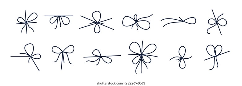 Line bows set, string ribbon bow collection. Simple minimal divider, gift or present box decoration elements. Outline decor recent vector set