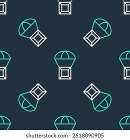 Line Box flying on parachute icon isolated seamless pattern on black background. Parcel with parachute for shipping. Delivery service, air shipping.  Vector