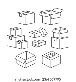 Line box icon. Package, shipping box, cargo box. Cargo distribution, export box, return package icon. Delivery of goods, open package. Linear sets. icon isolated on white background. 