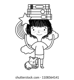 line boy with books in the head and star rainbow