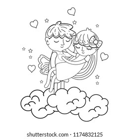line boy carrying girl in the clouds with hearts
