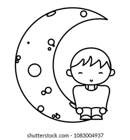 line boy with casual clothes seating in the moon
