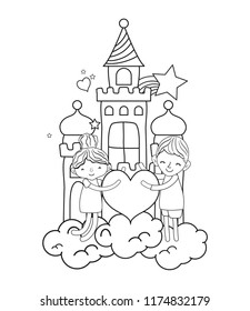 line boy and girl with heart in the castle clouds