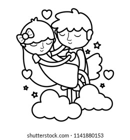 line boy and girl sleeping with hearts and clouds