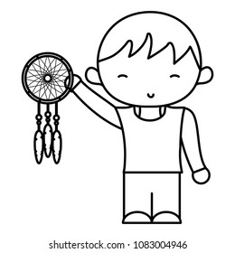 line boy hairstyle with dream catcher in the hand