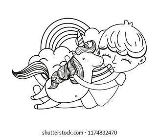 line boy hugging unicorn with rainbow and clouds