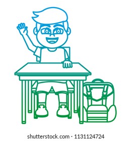 line boy sitting school desk with backpack