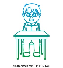line boy sitting school desk and reading a book