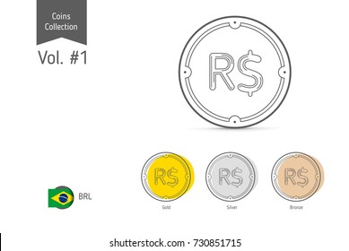 Line Brazilian Real coin vector. Isolated on white background. Simple thin line coin icons for websites, web design, mobile app, infographics.