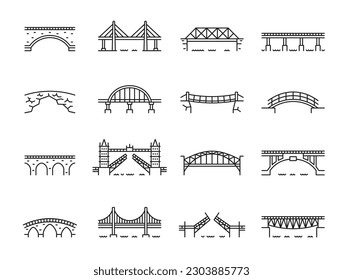 Line bridge icons, viaduct arches over river or railway road bridges, vector symbols. Building and construction outline icons of suspension bridge or city drawbridge and tower gate architecture