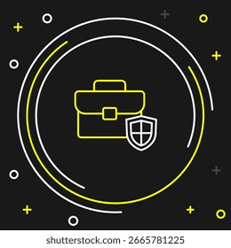 Porta-arquivos de linha com ícone de escudo isolado no plano de fundo preto. Conceito de seguro. Segurança, segurança, proteção, conceito de proteção. Conceito de contorno colorido. Vetor