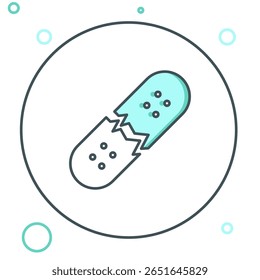 Línea Icono roto de la cubierta del monopatín aislado en el fondo blanco. Deporte extremo. Equipamiento deportivo. Concepto de contorno colorido. Vector