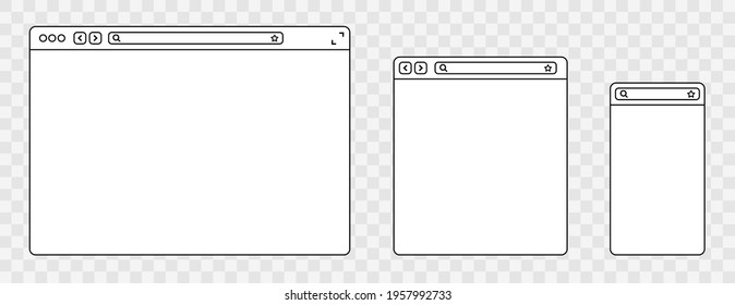 Line browser mockups different devices web window mobile, laptop and tablet screen in internet. Outline browser window. Web browser template. Vector illustration.