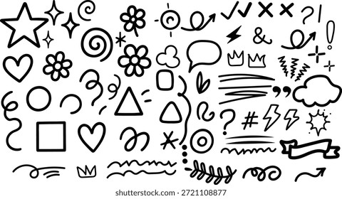 Juego de Vector de corazón de cepillo de línea. Dibujado a mano estilo doodle flecha, nube, estrella con marcador de trazo lápiz de resaltado. Linda corona escrita a mano, corazón, diseño de arte de cepillo de línea de estrella. Ilustración vectorial.