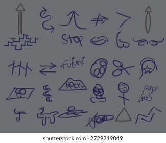 Juego de Vector de corazón de cepillo de línea. Dibujado a mano estilo doodle flecha, nube, estrella con marcador de trazo lápiz de resaltado. Linda corona escrita a mano, corazón, diseño de arte de cepillo de línea de estrella. Ilustración vectorial