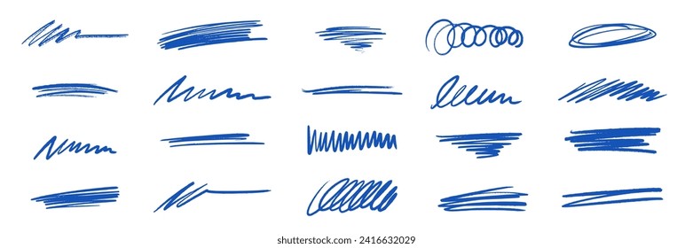 Marcador de pincel de línea, lápiz, vector de trazo de lápiz. Subrayar el esbozo del marcador de pincel de línea azul. Marca de lápiz de doodle dibujada a mano. Efecto subrayado de textura de rastreo. Ilustración vectorial.