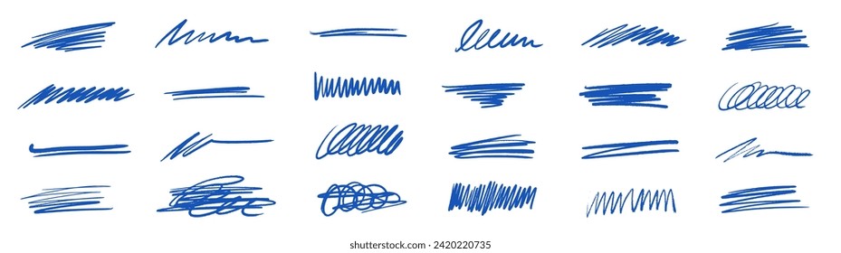 Line brush marker, pen, pencil stroke vector. Blue line brush marker scribble sketch underline. Hand drawn doodle pencil scratch mark. Scrawl texture underline effect. Vector illustration.