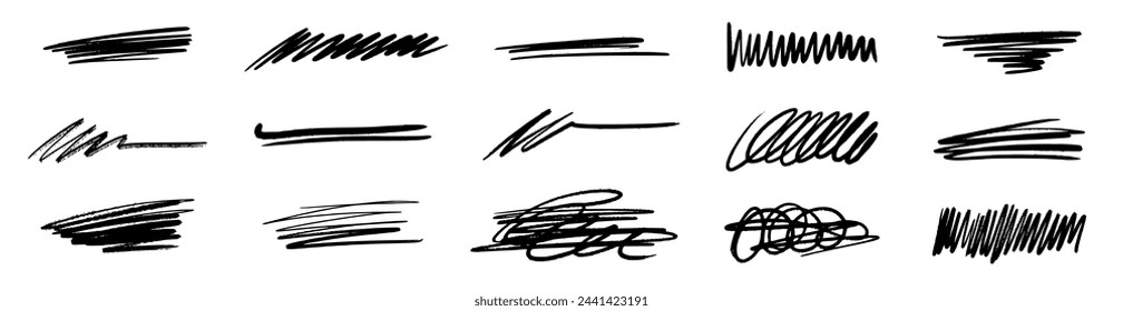 Line brush marker, pen, pencil stroke vector. Line brush marker scribble sketch underline. Hand drawn doodle pencil scratch mark. Scrawl texture underline effect. Vector illustration.