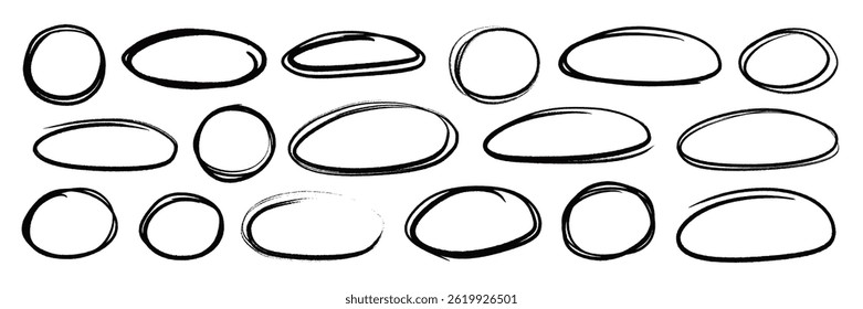 Line brush pen highlight round oval frame set. Hand drawn marker, pen scribble stroke line oval frame. Brush round frame for text highlight ellipse. Grunge scratch style set. Vector illustration