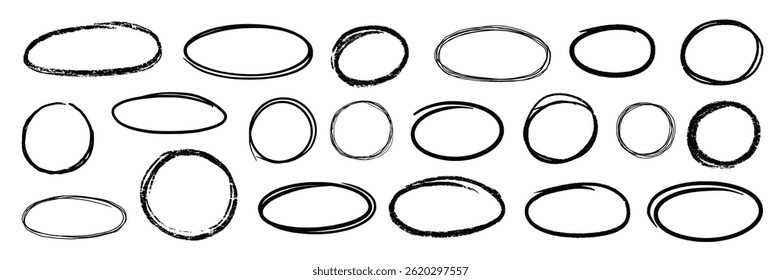 Line brush pen highlight round oval frame set. Hand drawn marker, pen scribble stroke line oval frame. Brush round frame for text highlight ellipse. Grunge scratch style set. Vector illustration