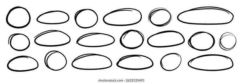 Line brush pen highlight round oval frame set. Hand drawn marker, pen scribble stroke line oval frame. Brush round frame for text highlight ellipse. Grunge scratch style set. Vector illustration