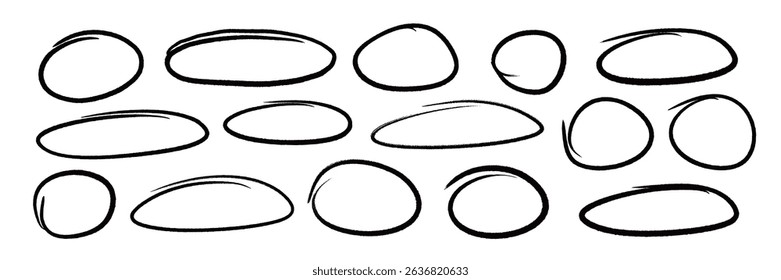 Line brush pen highlight round oval frame set. Hand drawn marker, pen scribble stroke line oval frame. Brush round frame for text highlight ellipse. Grunge scratch style set. Vector illustration