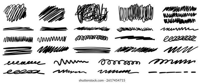 Line brush pen strokes, shapes, highlight underline lines isolated on white background. Simple marker charcoal chalk crayon calligraphy effects ideal for business, school presentation designs