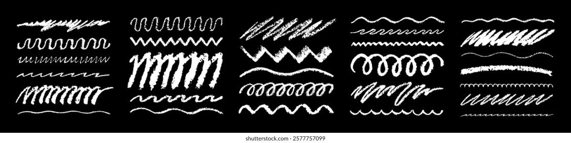Сhalk line. Brush, pencil, crayon texture. Vector paint stroke. Chalkboard with wave scribble. Border blackboard bg. Doodle hand drawn chalk line wavy pattern. Sketch crayon pastel element background