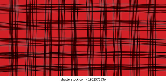 line, brush stroke pattern. Grunge check. lumberjack style. Cartoon pencil brushes. Vector checker print. Black and red.