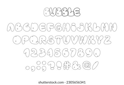 Line bubble alphabet graffiti font. Y2K aesthetic. Doodle typeface, numbers and punctuation marks, editable outline. Vector illustration isolated on white background