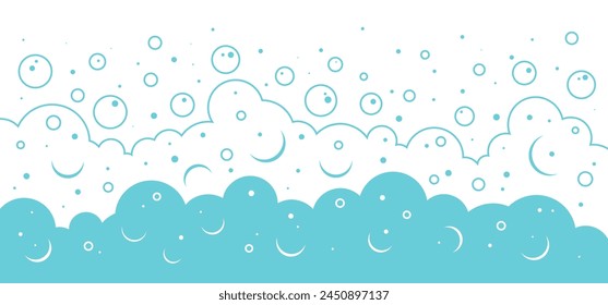 Fondo de espuma de burbuja de línea, patrón de jabón de baño, textura de salpicadura de agua de ducha, diseño de contorno de borde de espuma de lavandería. Cerveza, gas, mar y aire azul nublado. Ilustración vectorial de lavado abstracto de dibujos animados