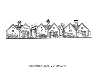 Línea de fachadas del edificio. Esquema de Imagen de Vector 2d. Decoración de pared. Telón de fondo.