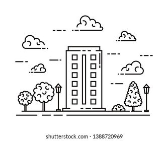 line building with lamps treet and trees vector editable