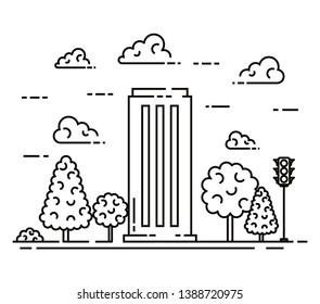 line building structure with pines trees and traffic lights vector editable