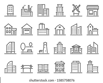 Line buildings icons. City building, hotel and store icon. Warehouse, industrial building and church. Line architecture buildings, apartment silhouette. Isolated vector icons set