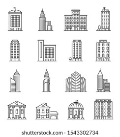 Line buildings. Modern silhouette skyscrapers, industrial estate city. Architecture and futuristic townhouse linear icon vector set