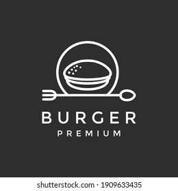 Plantilla de logotipo del Burger de línea. Diseño de vectores Hamburgueses. Ilustración de comida rápida en fondo negro