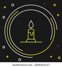 Line Burning candle in candlestick icon isolated on black background. Cylindrical candle stick with burning flame. Colorful outline concept. Vector