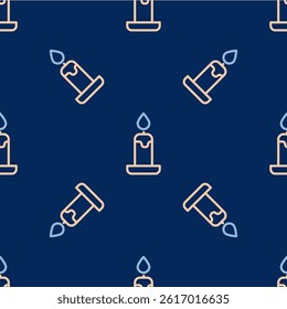 Line Burning candle in candlestick icon isolated seamless pattern on blue background. Cylindrical candle stick with burning flame.  Vector