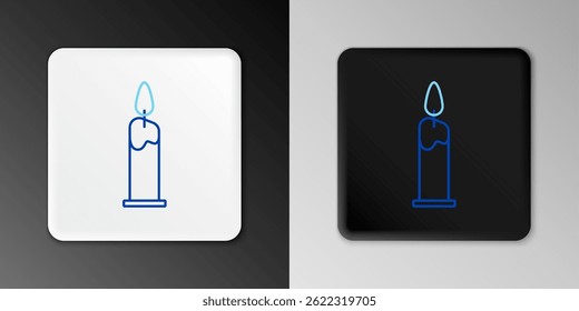 Línea de vela ardiente en icono de candelero aislado sobre fondo gris. Vela cilíndrica con llama ardiente. Concepto de contorno colorido. Vector